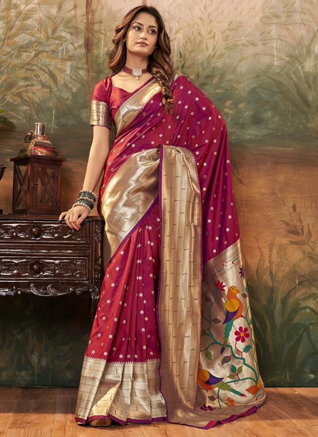 Paithani Silk Rose Pink Festival Wear Weaving Saree